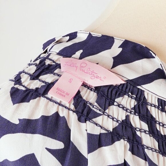 Lilly Pulitzer Elsa Silk Long Sleeve Blouse Navy Bird - Size Small - Picture 6 of 8